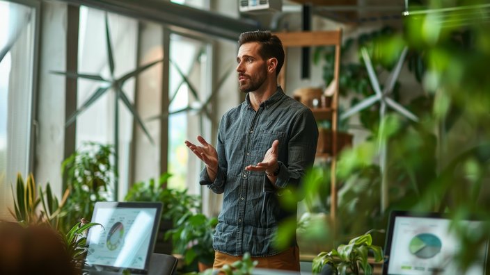 Präsentation in einem grünen Workspace Das Bild zeigt einen Mann, der in einem modernen Büro steht und spricht, vermutlich bei einer Präsentation. Er trägt ein dunkelgraues Hemd und gestikuliert mit den Händen. Im Hintergrund und Vordergrund sind viele grüne Pflanzen sichtbar. Auf zwei Laptops vor ihm sind bunte Diagramme zu sehen.